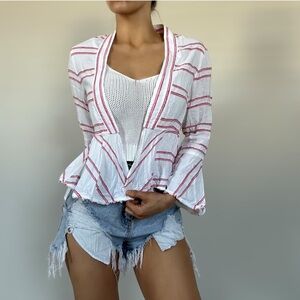 Tommy Bahama Linen Striped White & Pink Peplum Cardigan with Bell Sleeves - XS